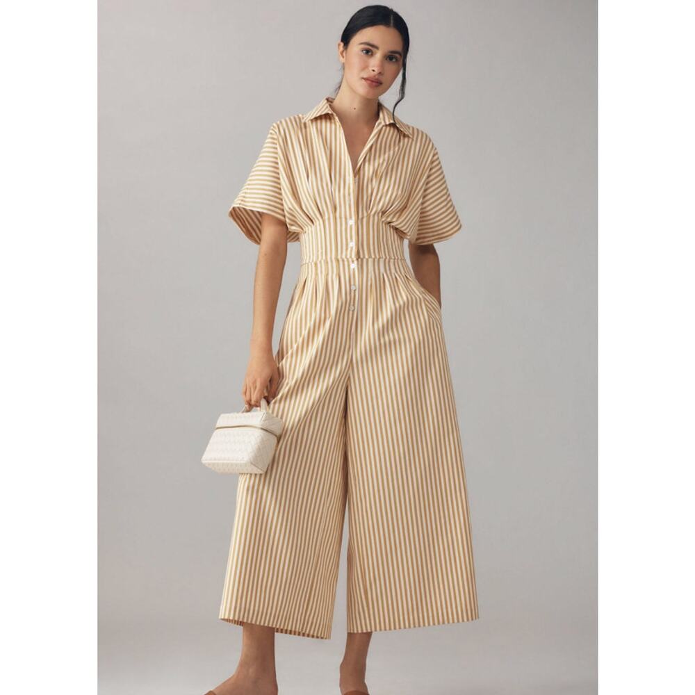 EXQUISE The Tobie Button-Front Cropped Pleated Jumpsuit in Natural Size XL